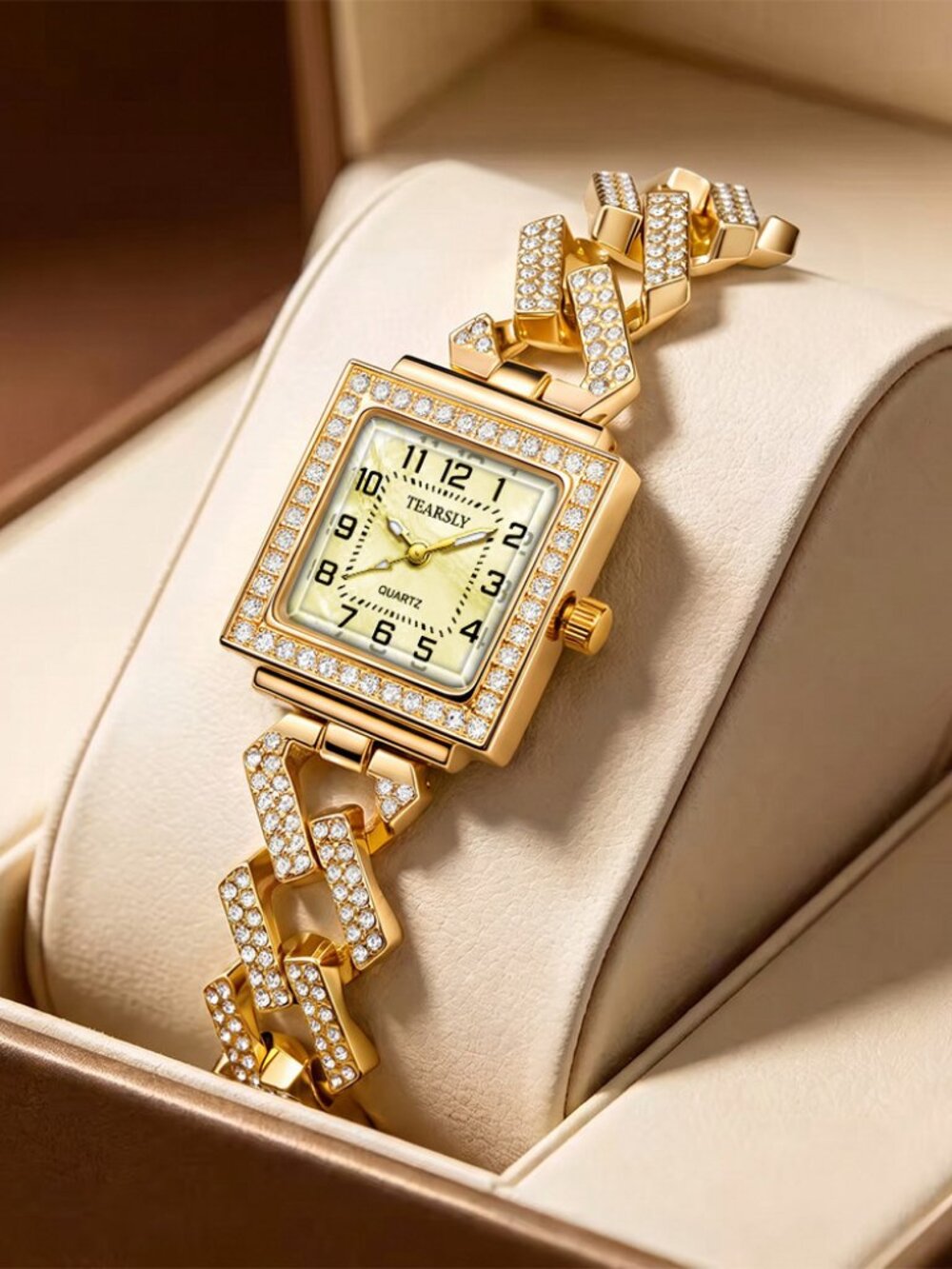 Gold Tone Square Rhinestone Chain Bracelet Quartz Watch for Women